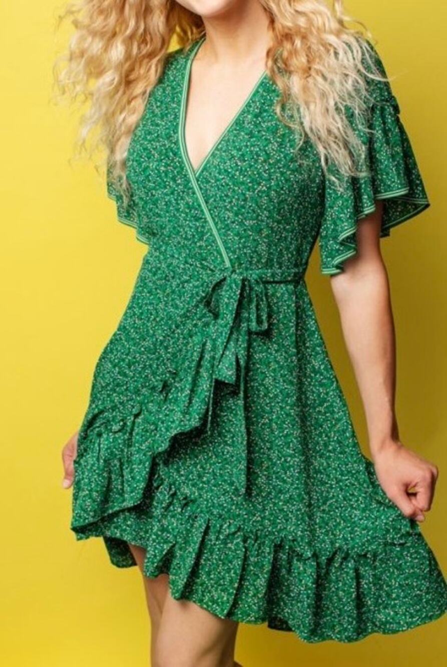 NWT Max Studio Crepe Ruffle Short Sleeve Wrap Dress Green/Yellow Sz XL